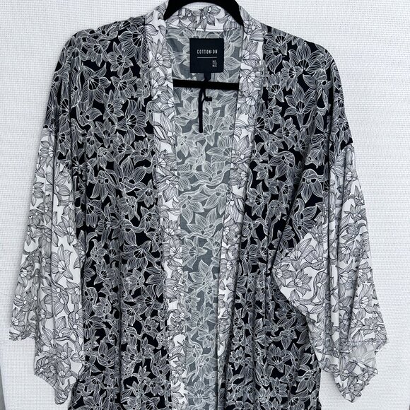 Cotton On Long Kimono Duster M/L Black White Floral Print Open Front Oversized - Picture 1 of 9